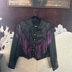 Leather Gallery Black Leather Fringe Western Jacket with Purple Accents